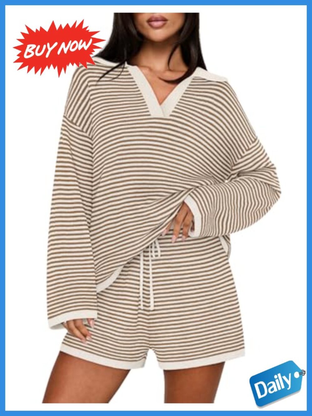 Women's 2 Piece Lounge Set Long Sleeve V Neck Striped Top & Shorts